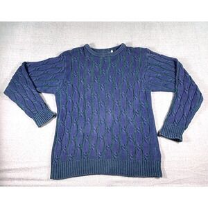 Vtg 80s Huntington‎ Cable Knit Sweater USA Blue Green Mens M Heritage Americana